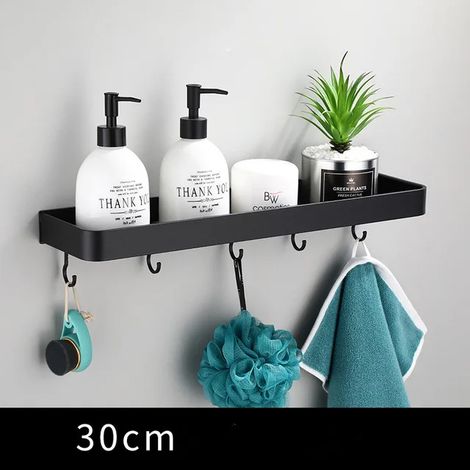 Étagère de salle de bain (30 cm avec 5 crochets) - Étagère d'angle murale en aluminium noir pour salle de bain et douche - Support de rangement pour cuisine (1/5)