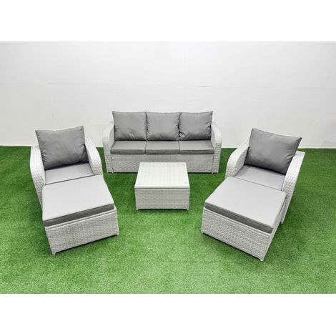 Fimous PE Rattan Garden Furniture Set Reclining Chair Sofa Lounge Sofa Set Square Coffee Table 2 Big Footstool Light Grey (1/5)