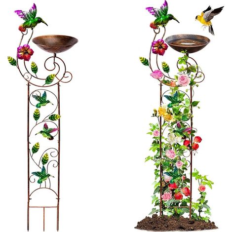 Bain d'oiseaux extérieur en métal marron, style vintage, décoratif, petit support pour plantes de jardin, bassin en fer amovible pour plantes grimpantes. (1/5)