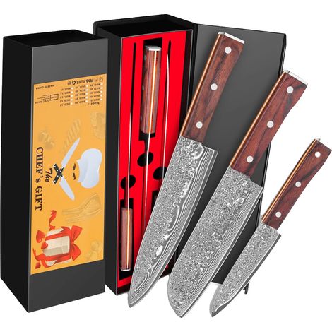 Juego de cuchillos de cocina, acero de Damasco, mango ergonómico, juego de tres piezas (1/2)