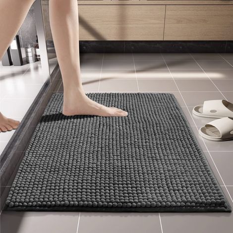 Tapis de Bain en Chenille, 60x40cm Tapis de Douche Super Absorbant, Tapis Salle de Bain Antidérapant,Gris Foncé lavable en machine (1/5)