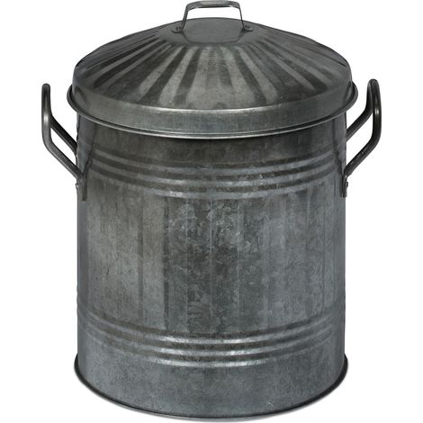 Relaxdays Ash bucket with lid, handles, 10 litres, galvanized iron, ash container for coal & ash, fireplace, silver (1/5)
