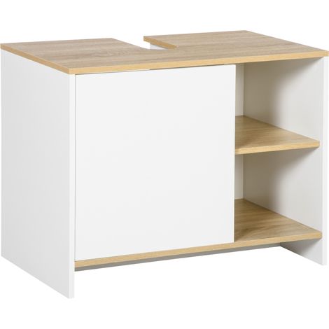 Meuble vasque de salle de bain avec armoire et 2 étagères en bois. 77 x 45 x 60 cm. Blanc et bois.