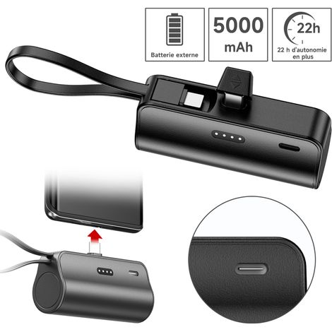 Mini Batterie Externe Capsule 5000mAh avec Connecteur Intégré - Power bank offre 2en1 (1+1 GRATUIT), Couleur Aléatoire - 95g, LED, Protection CE