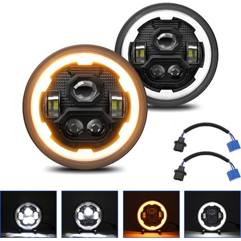 ‌Phare LED Rond 7 Pouces pour Voiture, Blanc Feu de Route/Croisement avec DRL et Clignotant Ambre - Remplacer pour Jeep Wrangler JK TJ, Chevy, Ford, Mazda Miata, Hummer - Étanche IP67, 2 Noirs‌