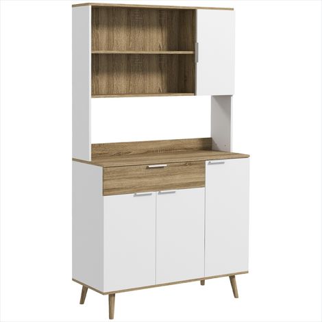Buffet haut de cuisine design scandinave blanc et bois naturel 4 portes 1 tiroir 98x39x180 cm (1/5)