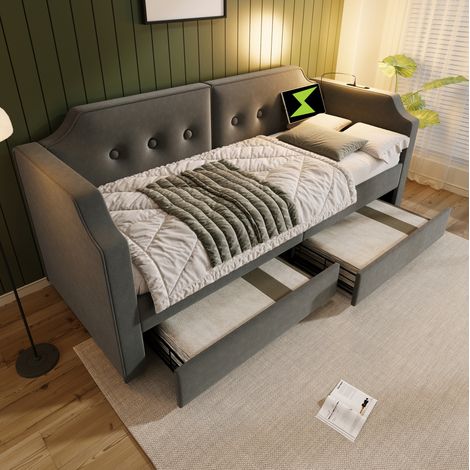 Letto imbottito bambini 90x200 cm divano letto con lampada da lettura USB Type-C, 2 cassetti e rete a doghe in legno, velluto grigio, senza materasso (1/5)