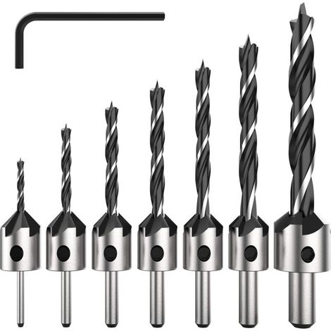 7 Pièce Hss 5 Flûte Jeu De Foret Fraise Bit De Vis À Bois Chanfrein Pour Diverses Vis De Longueur Par Simple Desserrer Et Resserrer La Vis, 3-6mm Set Outil