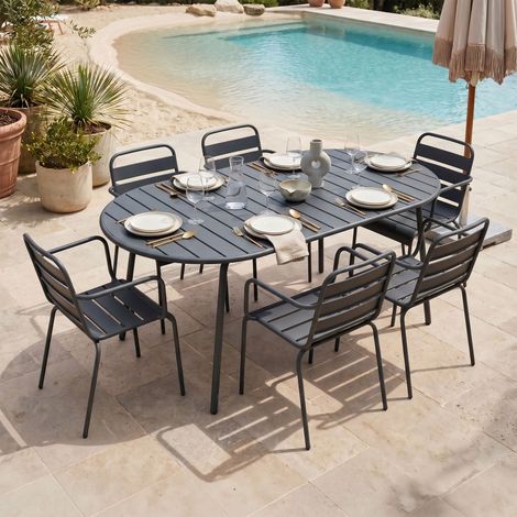 Ensemble table de jardin ovale + 6 fauteuils en métal gris - BACA (1/5)