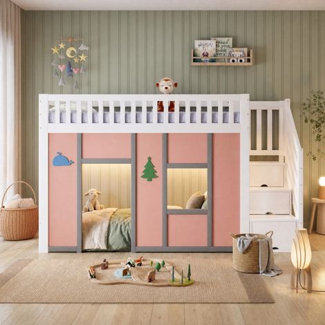 Lit mezzanine pour enfants 90x200 cm blanc et rose avec escalier de rangement et LED (1/5)