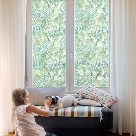 Fensterfolie 100x146 cm Dekorativ Selbstklebend Blickdicht PVC Folie für Badezimmer Schlafzimmer Milchglas Sichtschutz Fenster Dekorfolie Grüner Farn