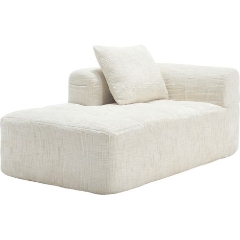 Sofá chaise longue de chenilla beige sin montaje con cojín y bolsillos laterales (1/5)