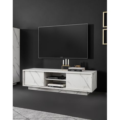 Meuble TV moderne 139 cm blanc marbré Carrat (1/4)