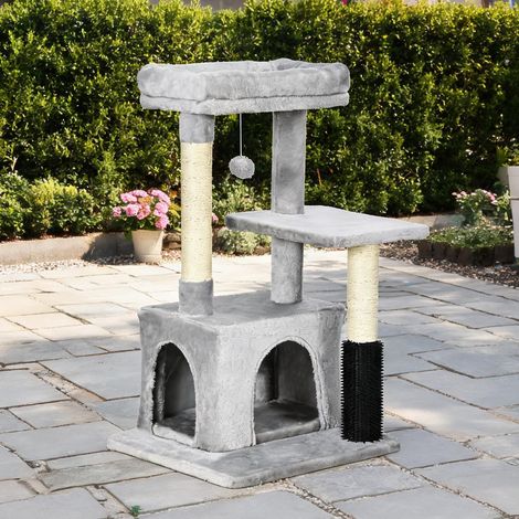 Arbre à chat avec panier lavable griffoir et litière gris (1/5)
