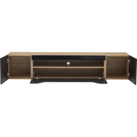 Meuble TV suspendu 180x37x36 cm avec 3 espaces de rangement, finition noir et bois naturel, compatible TV 75 pouces avec éclairage LED (1/5)