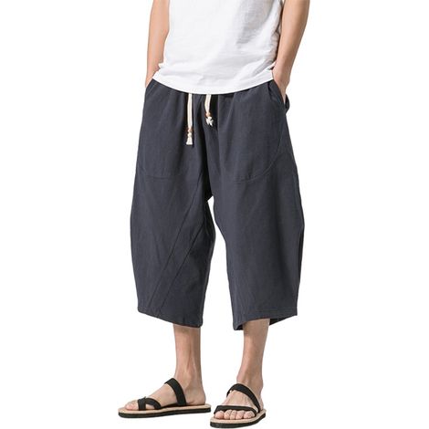 Short pant homme Capri longueur sous genou coupe ample lin sport décontracté, cordon élastique ajustable, taille fine, été plage, 2 poches (1/4)