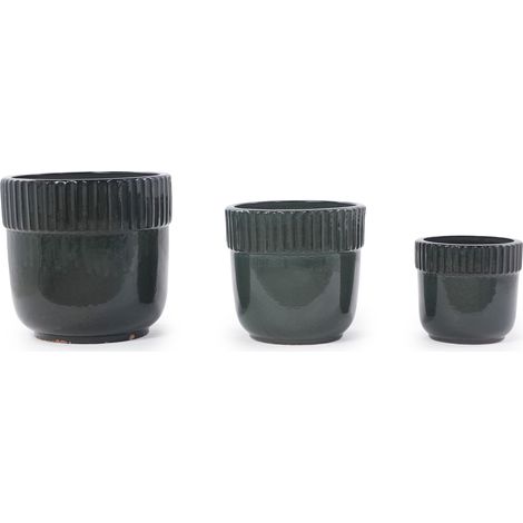 Maceta de cerámica artesanal verde oscuro Ø 30,5 cm con estrías verticales y orificios de drenaje (1/5)