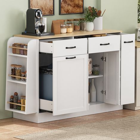 FLORAGRACE Buffet de cuisine 133,5 x 40 x 86 cm moderne en MDF blanc avec niche à déchets, étagère à épices externe, rangement à tiroirs et placard (1/5)