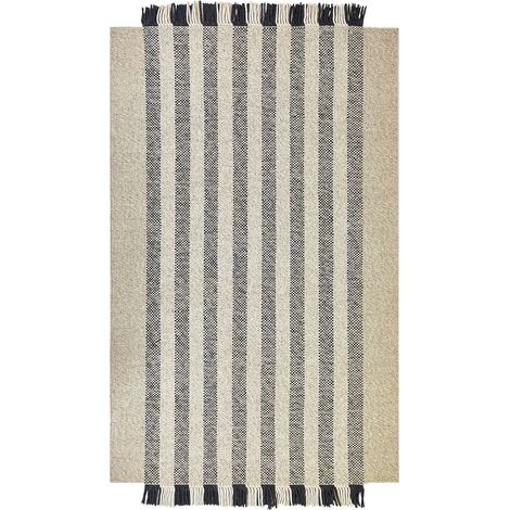 Tappeto in lana bianco sporco nero 160 x 230 cm con nappe fatto a mano Tacettin (1/5)