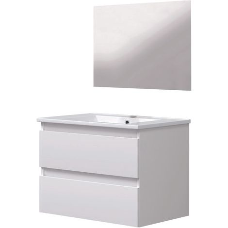 ONDEE ZEN - Meuble salle de bain à suspendre LILA - 60cm - 2 Tiroirs - Blanc - Miroir