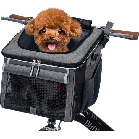 Panier de vélo pour chien, sac à dos souple extensible avec 4 portes ouvertes, 4 fenêtres en maille pour petits chiens, chats, chiots - Gris (1/5)