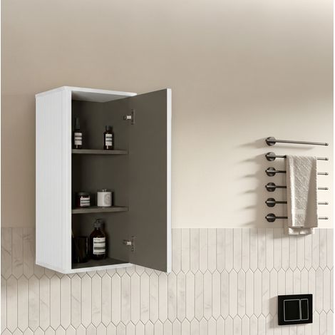 Meuble de rangement mural blanc en MDF et contreplaqué avec porte push-to-open et design rainuré (1/4)