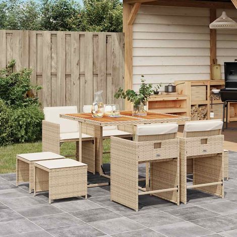 Salon de jardin 9 pièces en résine tressée beige avec table, chaises et coussins - PANGIVO (1/5)