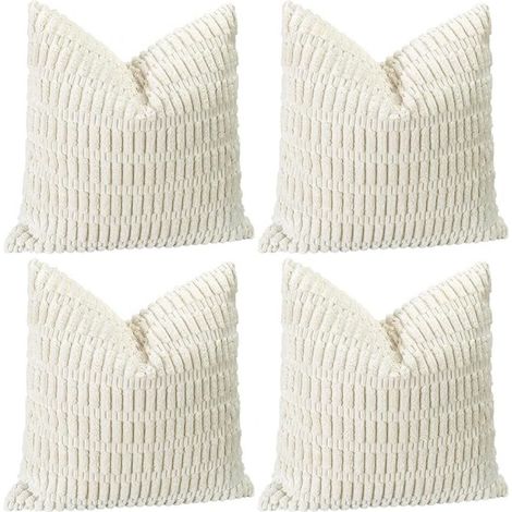 Lot de 4 housses de coussin décoratives en velours côtelé doux 45 x 45 cm, carrées à rayures pour canapé, chambre, ferme, taies d'oreiller de décorat (1/5)