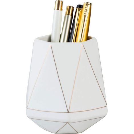 Porte-Crayons - Céramique - Blanc - Ligne Dorée - Bureau Salon - 10 cm - 1 Pièce (1/3)