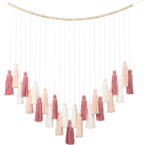 Tenture Murale Macramé Rose avec Perles en Bois, Décor Bohème pour Chambre et Salon, Tissage Artisanal, Panneau Tissu 3 Pièces (1/5)
