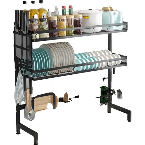 Escurridor de platos de doble nivel con ventosas ajustables, color negro. (1/5)