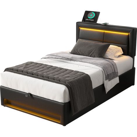 CAIziLit 90x200 cm LED avec USB et rangement, PU noir, sans matelas (1/5)