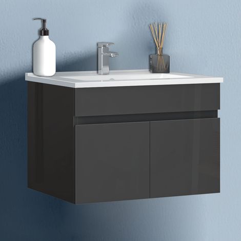 Waschtisch mit Unterschrank Soft-Close 60cm Badmöbel Set mit Waschbecken Keramik dünn Gäste WC Hochglänzend Anthrazit (1/5)
