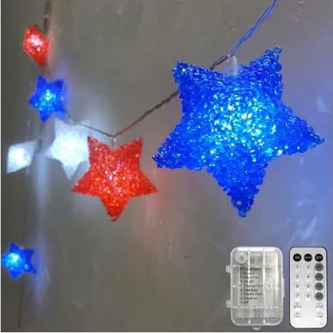 Guirlande lumineuse patriotique à piles avec minuteur à distance - Fonctionne avec piles - 2 m - Rouge/blanc/bleu (1/5)