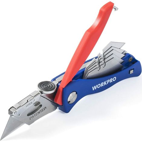 – Cutter pliant utilitaire avec mécanisme de changement rapide – 5 lames SK5 dans la poignée – Pour couper tissu, cuir, PVC, carton, papier (1/5)