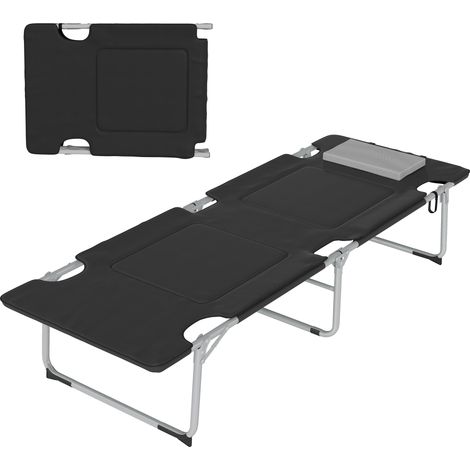 Lit de camp pliable noir avec oreiller et sac, 183 x 66 x 33 cm, capacité 114 kg, pour camping intérieur ou extérieur. (1/5)