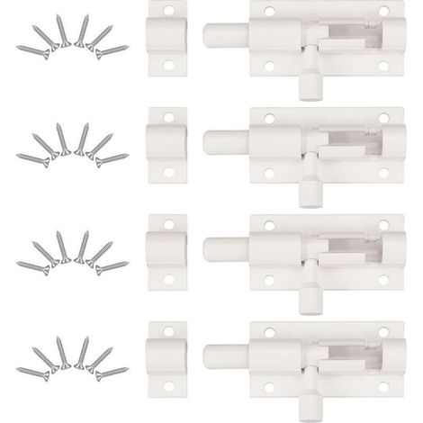 4 Pièces Verrou de Porte, Verrou Porte Interieure avec 24 Vis , Loquet Porte Coulissante, Loquet de Porte, Verrou Targette, Loquet Coulissant, pour Portail De Jardin, Cabanon, Wc (Blanc) (1/5)