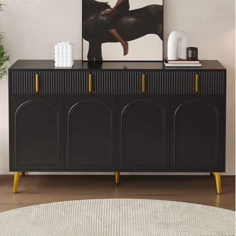 Credenza 140/38/82 cm nera con 4 ante, 4 cassetti e dettagli dorati (1/5)