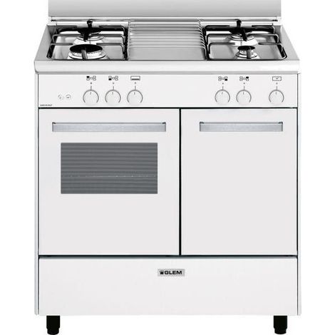 Glemgas – Cuisinière gaz 80cm 4 foyers – Four 49L avec gril électrique 1350W – Nettoyage émail lisse – GA85PMWH