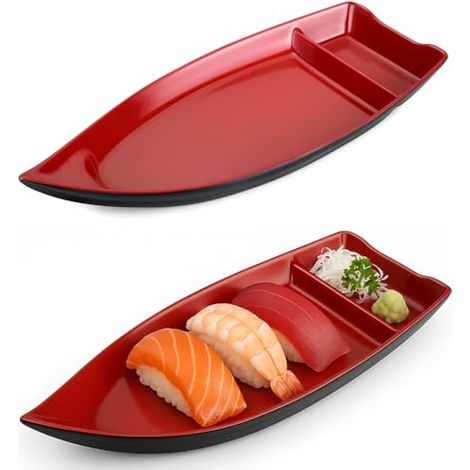 Assiette Bateau Sushi - 26 cm - Rouge et Noir - En Mélamine Alimentaire - Avec Séparateur de Sauce - Lot de 2 (1/5)
