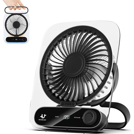 Ventilador USB silencioso, mini ventilador portátil colgante ultrafino para el hogar, la oficina y uso en exteriores - Recargable de 3000 mAh, negro (1/5)