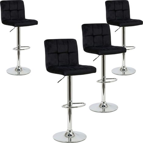 Pack 4 Taburetes Bar Cocina, Regulable y 360º, Silla Terciopelo Velvet Zenit, Respaldo y Reposapiés, Negro (1/5)