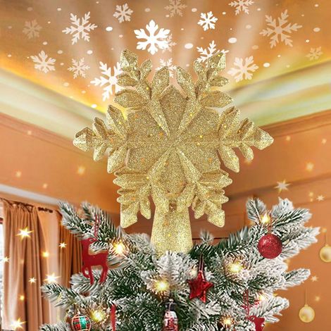 Cime de sapin de Noël avec projecteur LED intégré,Décoration de sapin de Noël avec flocons de neige, Décoration de Noël 3D pailletée ((argent) (1/5)