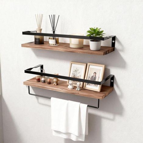 Lot De 2 Étagère Murale Bois, Étagère Murale, Etagere Murale Cuisine, 4015 7,2 CM, Etagere Salle De Bain, Bois, Fer, Décoration, Convient Pour Chambre à Coucher, Salon, Cuisine, Salle De Bain (1/5)