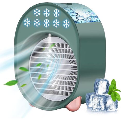 NALOOKAMIC Climatiseur Portable, climatiseur mobile silencieux, Mini ventilateur humidificateur, USB Ventilateur Refroidisseur d'air Portable 4 en 1, 3 Vitesses 7 Couleurs LED Maison Bureau (vert) (1/5)
