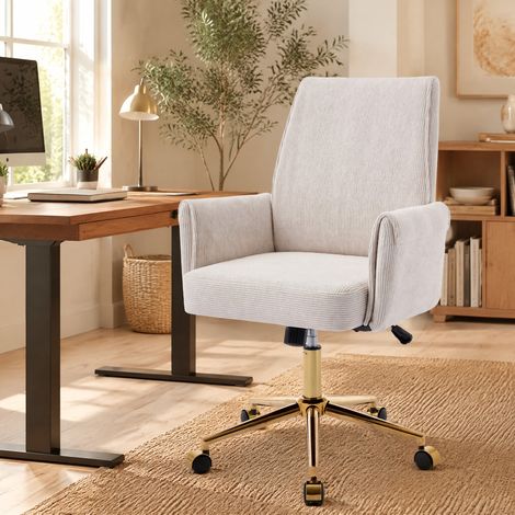 Silla de oficina regulable en altura, ergonómica, terciopelo acanalado blanco, base dorada HAVRYA (1/5)