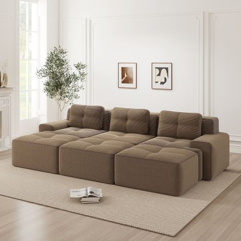 Rahmenlose Sofas, weicher Cordstoff, modulares Ecksofa mit Schlaffunktion und 3 Hockern, 3-Sitzer-Sofas, bequemes Sofa für das Wohnzimmer, braun
WL