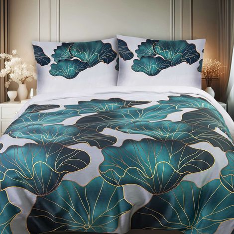 Parure de lit 140x200 cm, satin 100% coton, motif grandes feuilles vertes (1/5)