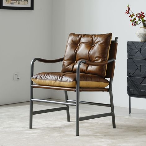 Sedia accentata in pelle, poltrona Mid Century Modern con telaio in metallo nero, sedia singola per soggiorno e camera da letto (1/5)