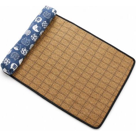 Panier de luxe en rotin pour chat et petit chien 65 x 50 cm, tapis rafraîchissant respirant avec oreiller, lit d'été antistatique, motif chat bleu (1/5)